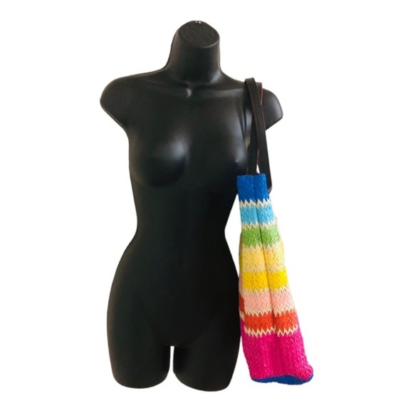 Cee Klein Rainbow stripe straw jute beach summer island bucket tote shoulder bag - Picture 5 of 16